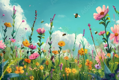 A vibrant painting depicting a meadow filled with blooming wildflowers and a bee flying in the sky. © Vit
