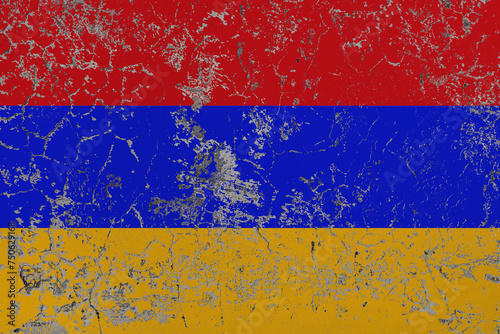 Destructible, crumbling stone wall. Conceptual background in colors flag of Armenia