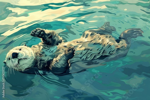 A painting depicting a playful sea otter floating on its back in the calm water. photo