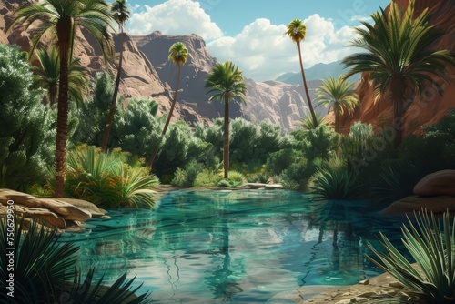 This photo captures a serene desert oasis with palm trees and a shimmering river.