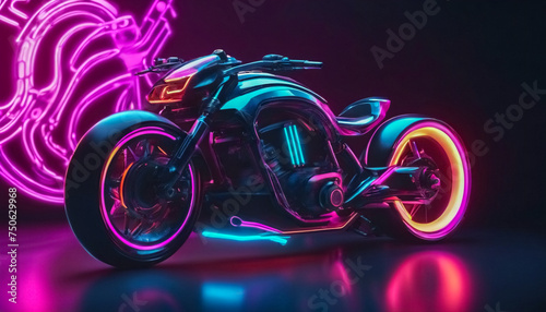 Velocità nel Futuro- Concetto di Motocicletta Futuristica in un'Atmosfera al Neon photo