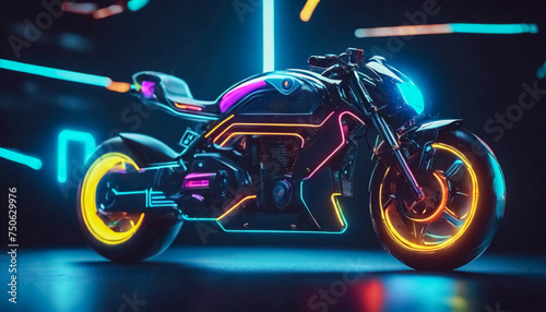 Viaggio nel Futuro- Motocicletta dal Design Innovativo in un Banner al Neon photo
