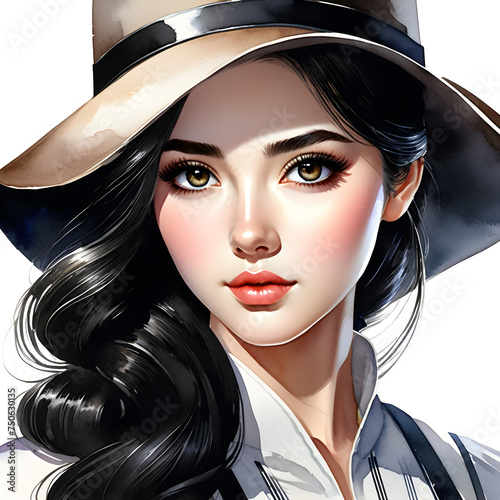 Ink Elegance: Watercolor Portraits of a Cute Girl Character with Black Hair in Various Outfits.(Generative AI)