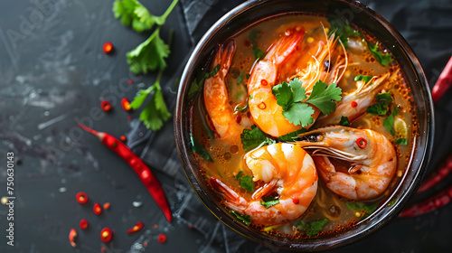 Spicy Thai Shrimp Soup (Tom Yum Goong) with Fresh Herbs in Theme Luxury and High-End Product Photography 