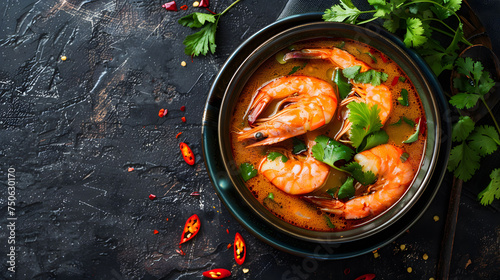Spicy Thai Shrimp Soup (Tom Yum Goong) with Fresh Herbs in Theme Luxury and High-End Product Photography 