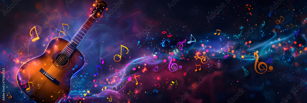 acoustic guitar and colourful music notes - obrazy, fototapety, plakaty 