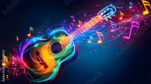 acoustic guitar and colourful music notes