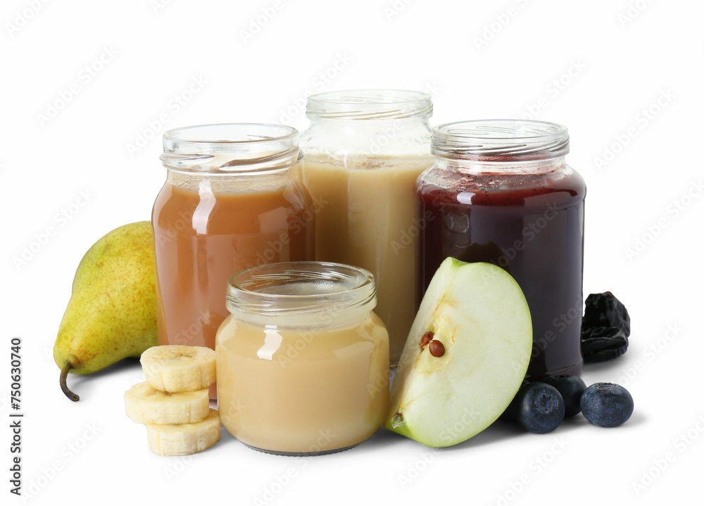Jars with healthy baby food, blueberries, prunes and fresh fruits isolated on white Jars with healthy baby food, blueberries, prunes and fresh fruits isolated on white