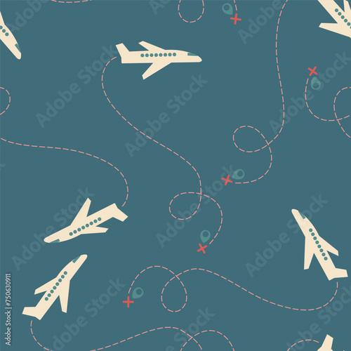 seamless pattern with airplanes and flight path. Background with aeroplane, plane
