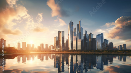 Cityscape with skyscraper building. Morning Sunlight
