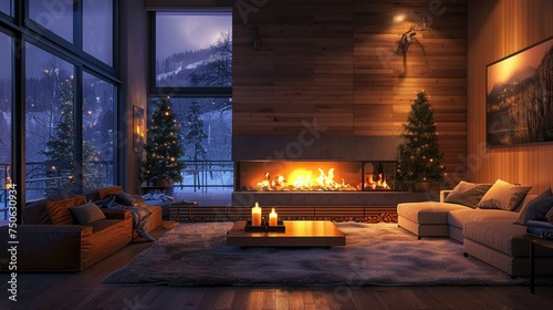 A cozy and modern living room featuring a fireplace. Generative Ai