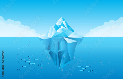 Iceberg in ocean - Sea landscape with cold blue mountain of ice. Side view with top above water and big part under water in flat design vector illustration