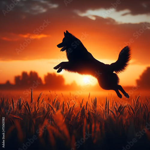 Dark silhouette of a happy dog jumping in a field against a sunset background