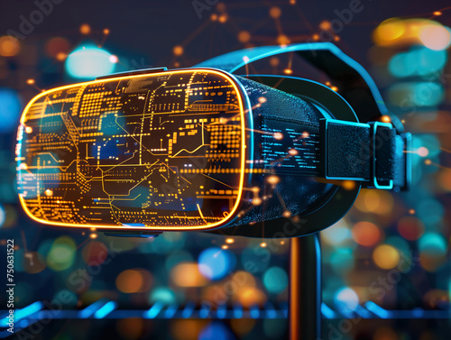 Close-up of a VR headset with illuminated circuit board design
