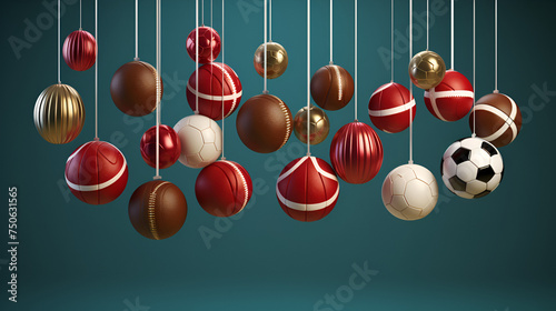 Christmas decoration hanging from sports ball sport christmas or new year bauble ball hanging on thread Football soccer ball xmas christmas background balls isolated red golden 3d rendering