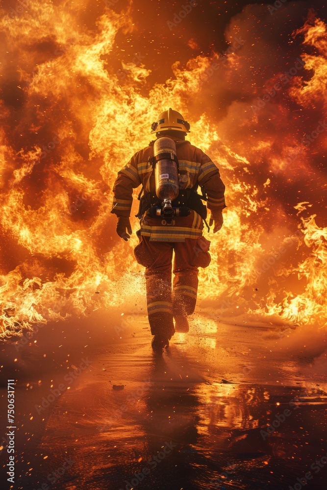  a powerful visual of a courageous firefighter risking his life, urgently sprinting towards massive flames