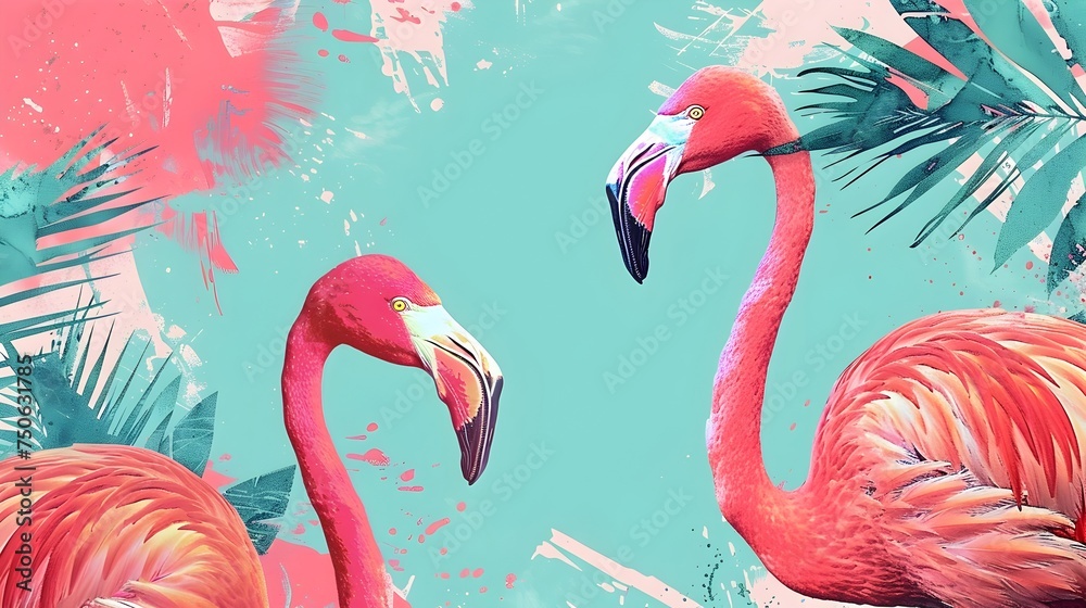 Vibrant flamingos with tropical foliage - Digitally rendered flamingos against a tropical leaf backdrop, accentuating wildlife and nature