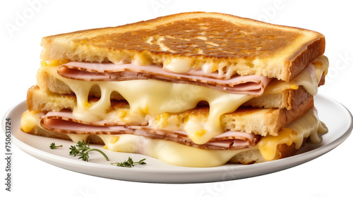 A ham and cheese grilled sandwich on a plate isolated on transparent background -PNG