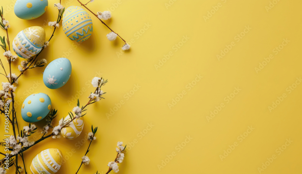 Fototapeta premium Decorated easter eggs and wildflowers isolated on a yellow background, copy space