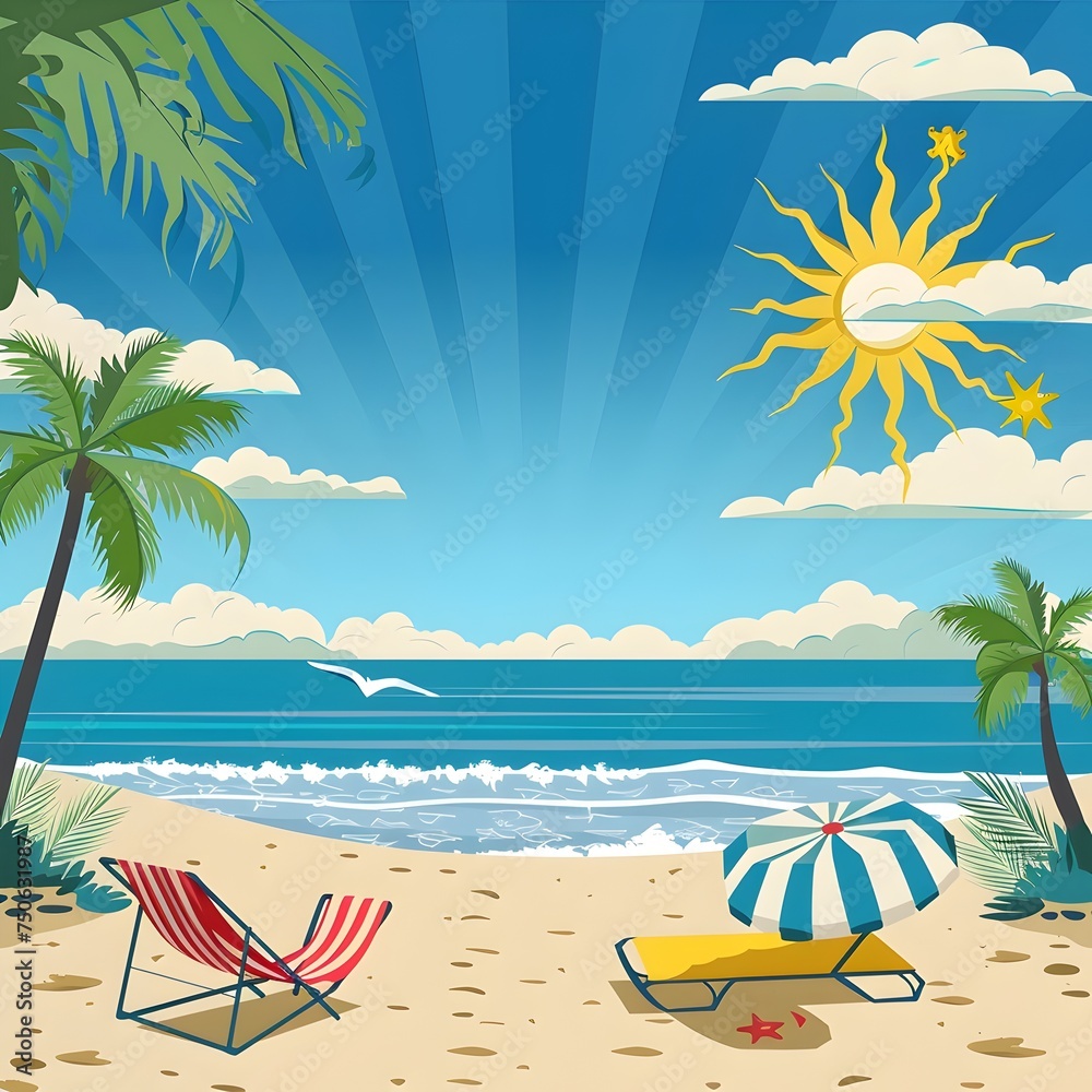 Beach vacation with sun, palms, and deck chairs - Tropical beach illustration with deck chairs, umbrella and the sun with face ornament above the ocean