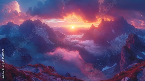 Epic Mountain Sunset: A breathtaking landscape shot capturing the vibrant hues of a sunset over towering mountain peaks, evoking a sense of adventure.