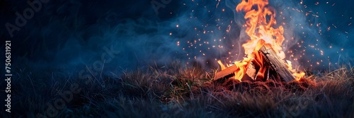 Campfire burning brightly under a night sky - The dynamic image showcases the intensity and warmth of a campfire against the dark, moody backdrop of the night photo