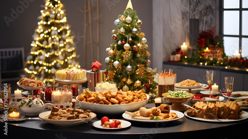 Christmas dinner table full of dishes with Variety of beautiful decorated christmas holiday table with delicious assorted dishes Dinner table full of dishes with food and snacks