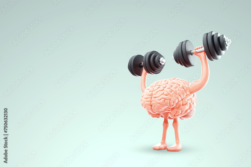 Concept of exercise for the brain, the brain is engaged in lifting dumbbells on a light background, education, brain power, high IQ. 3D render, copy space. - obrazy, fototapety, plakaty 