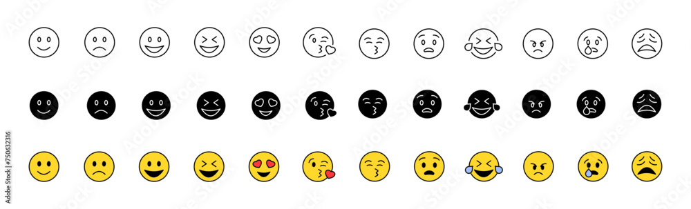 Emoji icon collection. Emoticons set. Linear, silhouette and flat style. Vector icons Emoji icon collection. Emoticons set. Linear, silhouette and flat style. Vector icons