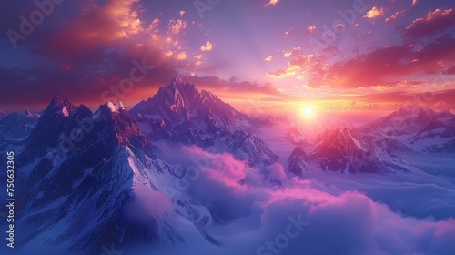 Epic Mountain Sunset: A breathtaking landscape shot capturing the vibrant hues of a sunset over towering mountain peaks, evoking a sense of adventure.