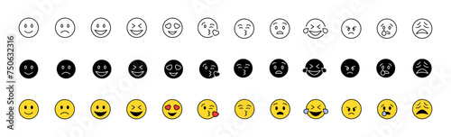 Emoji icon collection. Emoticons set. Linear, silhouette and flat style. Vector icons