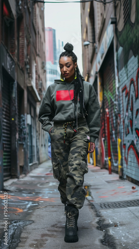 A black girl in camouflage street clothes, against the background of urban graffiti