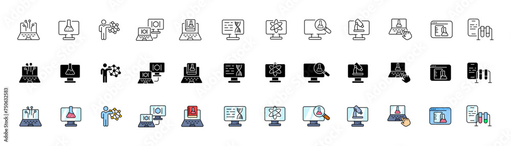 Virtual chemical experiments icon collection. Linear, silhouette and flat style. Vector icons Virtual chemical experiments icon collection. Linear, silhouette and flat style. Vector icons
