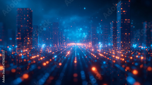 Depicts three-dimensional cyberspace digital world with internet materialization through blue and red dots and lines. Can be used as news graphics, postcards, book covers photo