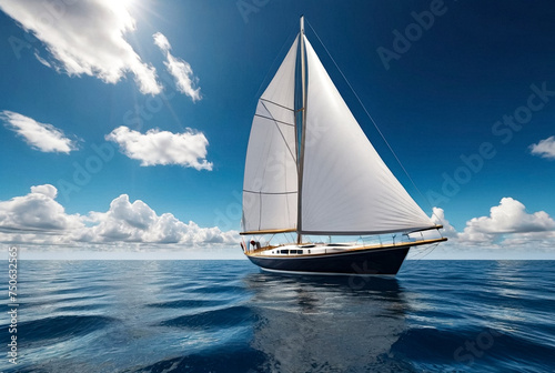 View of bow sailboat against sky with cumulus clouds in ocean. Wide angle shot of front yacht with ropes at sea horizon background. Transportation, cruise, sailing, yachting concept. Copy text space