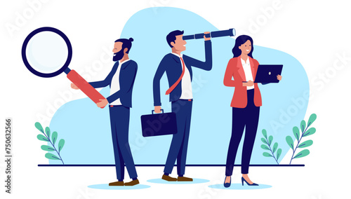 Business research team - Group of three businesspeople with magnifying glass, binocular and computer looking for opportunities together. Flat design vector illustration with white background