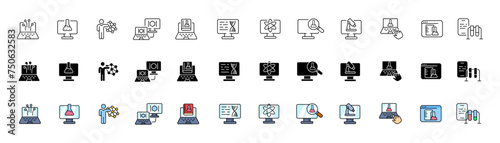 Virtual chemical experiments icon collection. Linear, silhouette and flat style. Vector icons