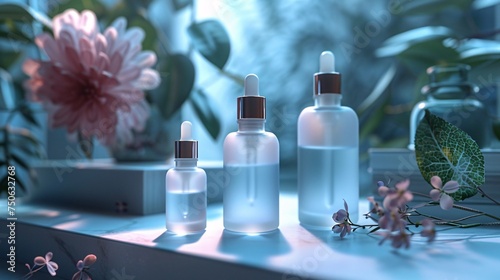 ultra modern sleek cosmetic product family phtography, frosted glass serum bottles