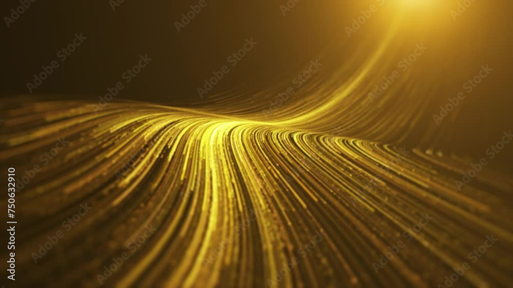 Luxury golden particle light flow, gold particle stripes. Golden stream with striped, flowing neon curve lines background.