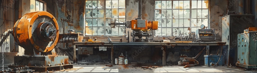 Artful watercolor rendering of a metallic workshop environment