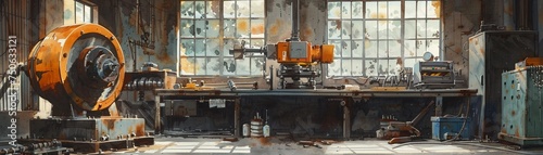 Artful watercolor rendering of a metallic workshop environment