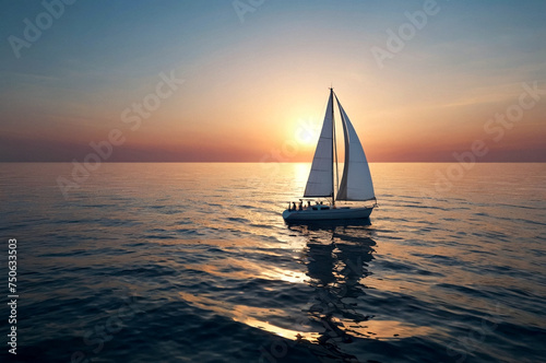 Sailboat with open white sails in sea at evening sunset horizon background. Luxury summer adventure on sailing yacht. Transportation, cruise, sailing, yachting concept. Copy text space