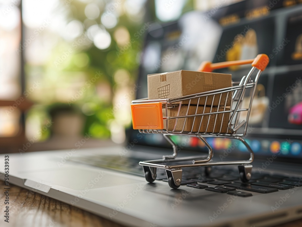 Mini shopping cart on laptop keyboard, e-commerce concept Mini shopping cart on laptop keyboard, e-commerce concept