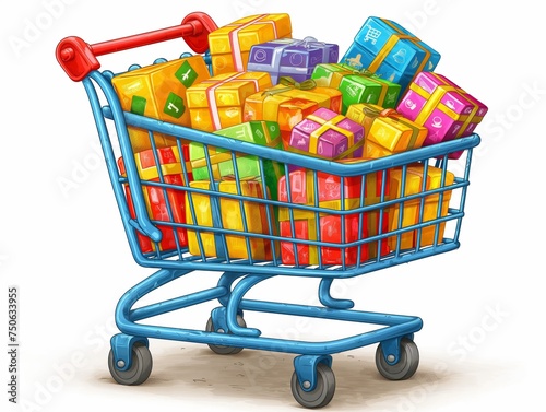 Online shopping concept with gifts in a supermarket cart