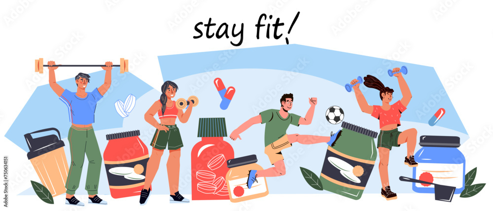 Stay fit motivation sport banner with athletic people characters, flat cartoon vector illustration isolated on white background. Sport activity and nutrition. Fitness and bodybuilding training.