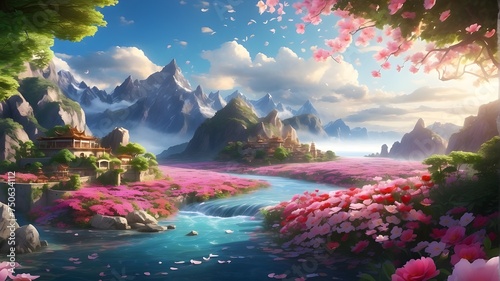  Immerse yourself in a world of fantasy and wonder with this 4k ultra HD anime-style image. A lush flower garden blooms along the edge of a tranquil river  its vibrant colors and delicate petals captu