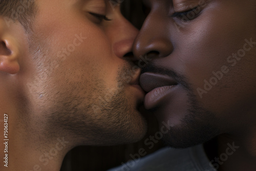 Two interracial young men kissing