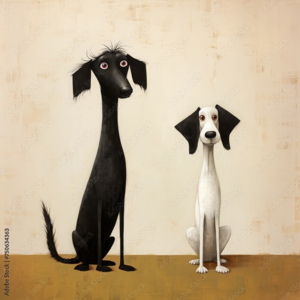 Black and white two Mother and Child dogs Sitting on the floor with Light Brown Background Black and white two Mother and Child dogs Sitting on the floor with Light Brown Background