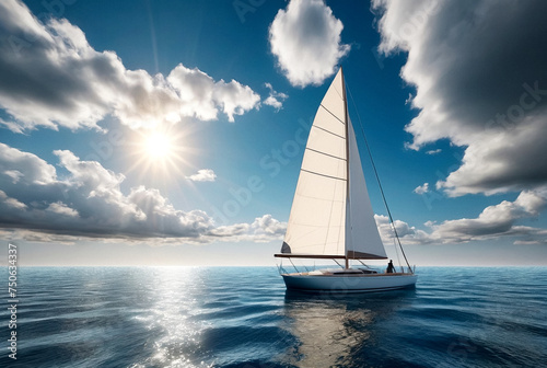 View of bow sailboat with sail against sky with cumulus clouds in sea. Wide angle shot of front yacht with ropes and sails at horizon. Transportation, cruise, sailing, yachting concept. Copy space © Alex Vog