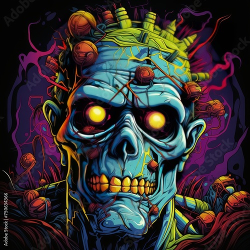 Portrait of Zombie Head Graphic Design with yellow Eyes in Black and purple Background